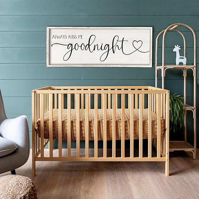 flowtorely Always Kiss Me Goodnight Wall Sign For Master Bedroom Above Bed Wall Decor 40''×15'' Large Rustic Solid Wood Frame For Farmhouse Couples Above bed Wall Art Decoration (White)