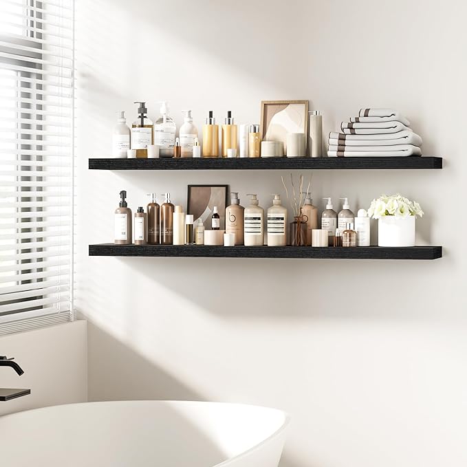 Fun Memories 55 Inch Floating Shelves - 9 Inch Deep Rustic Wooden Wall Shelves - Extra Deeper & Thicker Wall Mounted Storage Shelf for Living Room Kitchen Farmhouse - Rustic Black