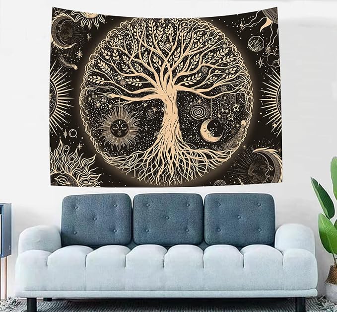 FORATER Tree of Life Tapestry Wall Hanging Sun Moon Stars Tapestries Aesthetic Galaxy Wall Tapestry Nature Home Decoration for Living Room Bedroom(36 x 48 Inch, Black and Gold)