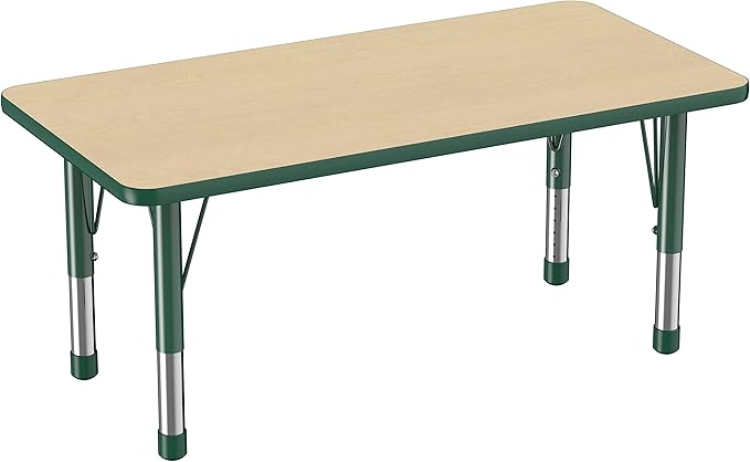 FDP Rectangle Activity School and Kids Classroom Table (24 x 48 inch), Toddler Legs, Adjustable Height 15-24 inches - Maple Top and Green Edge
