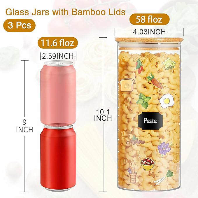 Glass Jars with Bamboo Lids, 58 oz 3 Pcs Kitchen Glass Containers with Bamboo Lids, Airtight Glass Pantry Storage Containers with Lids for Rice, Flour, Nuts, Cookie, Pasta, Oatmeal, Bean