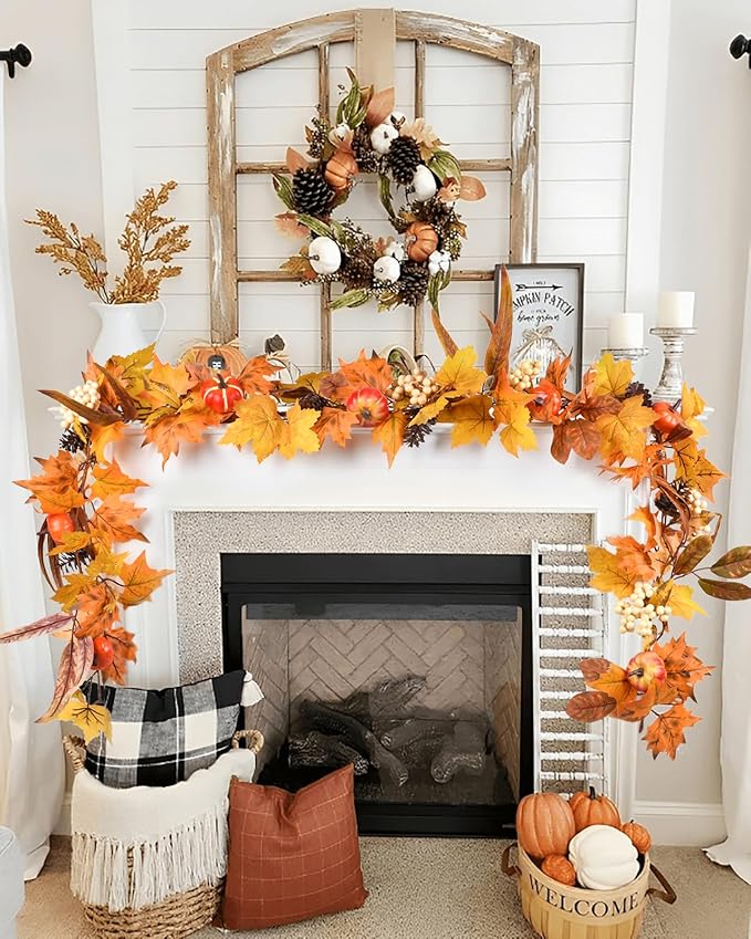 DearHouse Fall Maple Leaves, 6ft Artificial Autumn Foliage Thanksgiving Decor for Home, Wedding, Fireplace, Party, Christmas (Yellow&Brown)