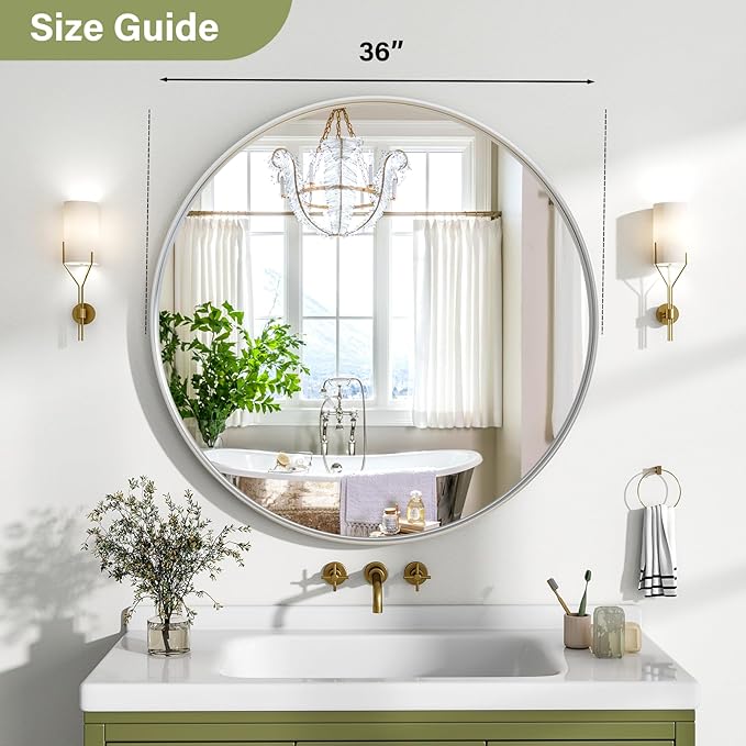 36 Inch Round Bathroom Mirror - Wall Mounted Circle Mirror with Metal Frame, Modern Mirror Suitable for Bathroom, Vanity, Entryway, Living Room, Wall Decor,Silver