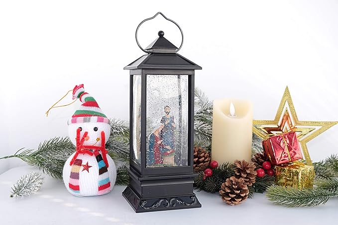 Eldnacele Musical Snow Globe Lantern Lighted Lamp USB Lined in Swirling Glitter Water Lantern Lamp Christmas Nativity Decoration Hurrican Light Timer 12" (Nativity)