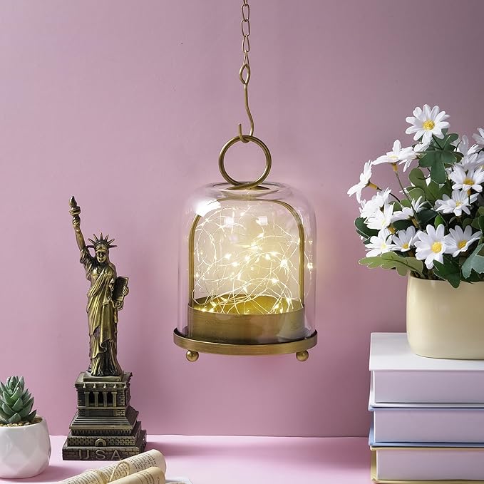 5"x7.5" Versatile Modern Metal Hurricane Lantern with Handmade Sturdy Glass Dome for 3" Pillar Candle & Plants (Brass, 5"x7.5" for 3" Pillar)