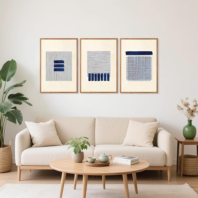 Aurlan Boho Christian Line Art Framed Wall Decor(16"x24"), 3PCS Minimalist Jesus Leavs the 99 Sheep Lamb Bible Story Canvas Artwork, Neutral Abstract Beige Navy Blue Religious Painting for Bedroom Living Room