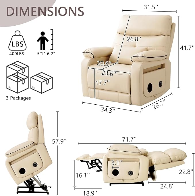 Dual Motor Power Lift Recliner Chair for Adult & Elderly, Infinite Position Lay Flat Lift Chair with Heat & Massage, Cup Holder, Lumbar Pillow, Wireless Charger, USB Ports, Leather (Beige)