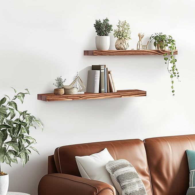 Floating Wall Shelves 2-Pack - Rustic Brown 16-inch Wooden Wall Shelves for Storage and Décor, Multi-Functional and Easy to Install for Living Room, Bedroom, and Kitchen