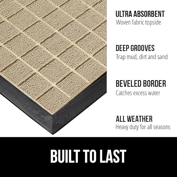 GORILLA GRIP 100% Waterproof All-Season WeatherMax Doormat US Designed Natural Rubber, Stain and Fade Resistant, Low Profile Indoor Outdoor Door Mats, Easy Clean Patio Mat, 17x29, Taupe Grid