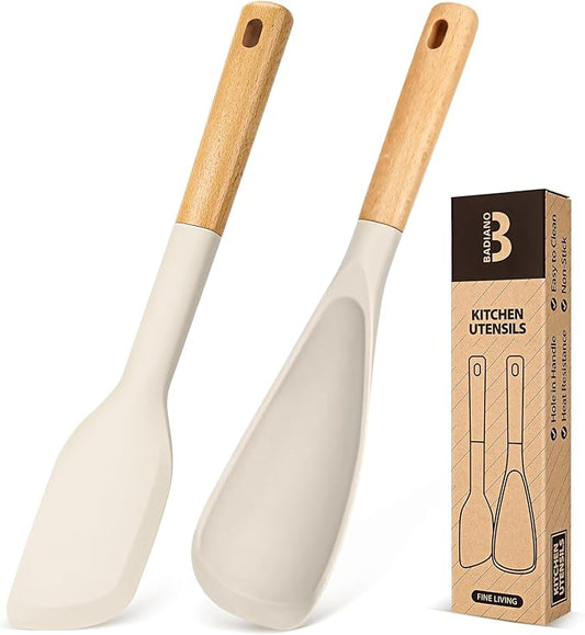 Cooking Spoon and Scraper for Nonstick Cookwares, Great for Cooking and Serving Durable BPA-Free Matte Silicone, Wood Handle Multifunction Spoon for Mixing, Scoop, and Scrape (KHAKI)