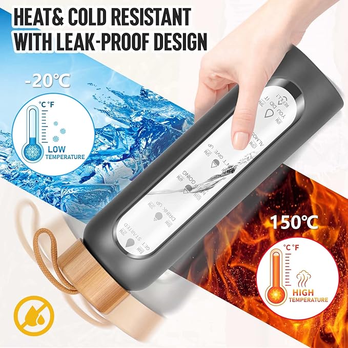 Aqulea Glass Water Bottles with Silicone Sleeve - BPA Free Reusable Wide Mouth Glass Motivational Water Bottles with Fruit Infuser – Leak Proof Borosilicate Water Bottle with Time Marker