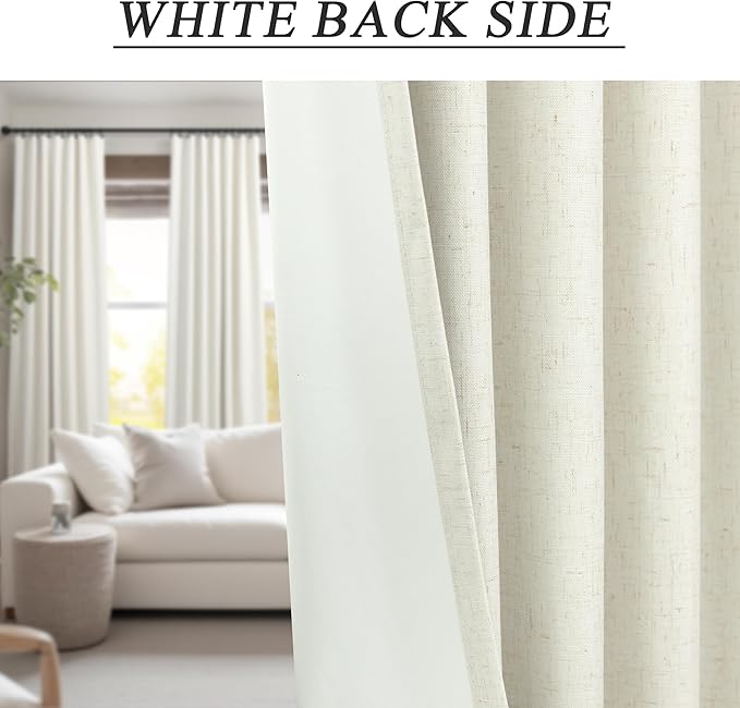 Elegant Natural Linen Blackout Curtains 120 Inches Long 2 Panels Set for Bedroom Extra Wide Large Window Back Tab Pocket Ceiling Sliding Glass Patio Door Drapes 10 ft Thermal Insulated Cottage Core