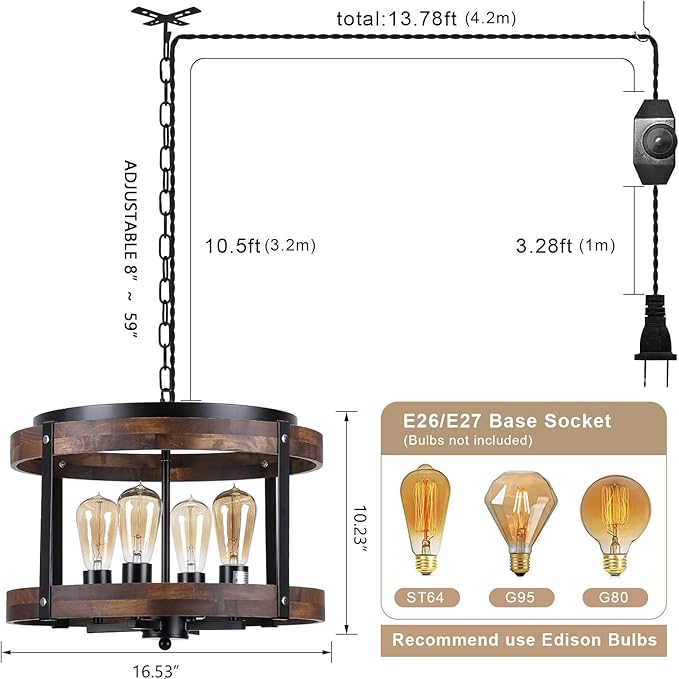 4-Light Large Rustic Farmhouse Plug in Pendant Light Fixture with Adjustable Chain, Dimmable Switch, 16.5 inch Oak Wood Drum Hanging Lamp for Dining Room Living Room Farmhouse Entry, Black
