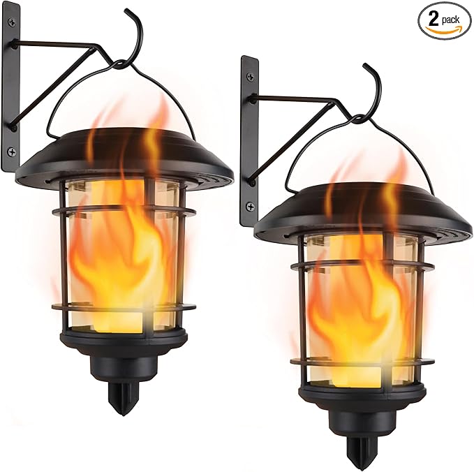 Dynaming Solar Flame Wall Lanterns, Outdoor Solar Wall Hanging Lights, Flickering Flame LED Lights Auto On/Off Wall Mounted Sconce Lights with Hooks, Waterproof for Garage Stair Patio Porch, 2 Pack