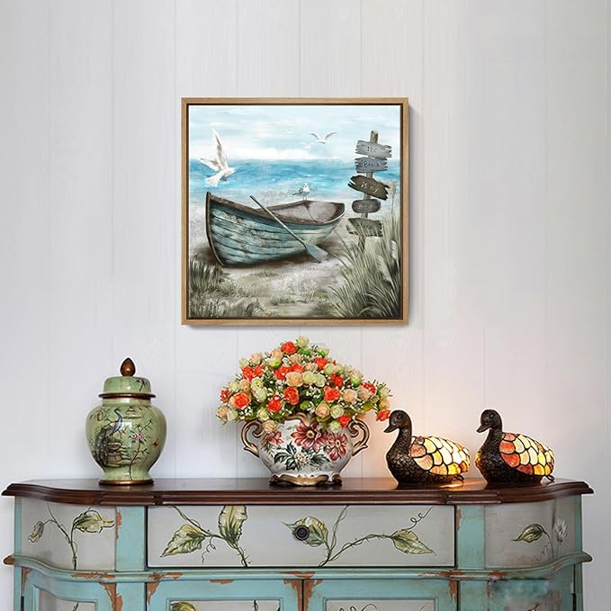 Framed Wall Art Beach Décor Ocean Canvas Picture Coastal Artwork Sea Bird Boat Blue Tan Small Rustic Beachy Canvas Print for Bathroom Bedroom Living Room