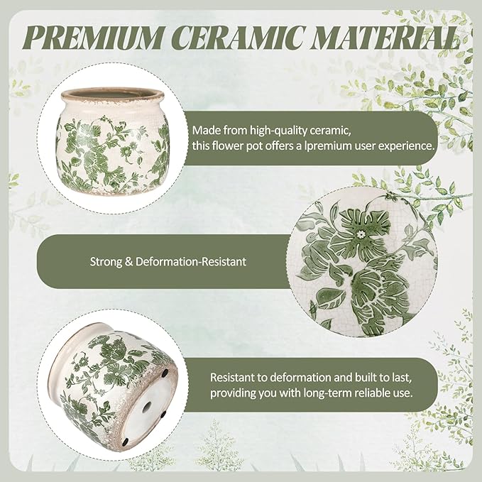 2 Pcs Vintage Planter Large Ceramic Plants Pot Beige Green Vintage Floral Ice Crack Cottage Scroll Vase Flower Vase Pot Indoor Plants Home Kitchen Decor Farmhouse Antique Decorative Gifts