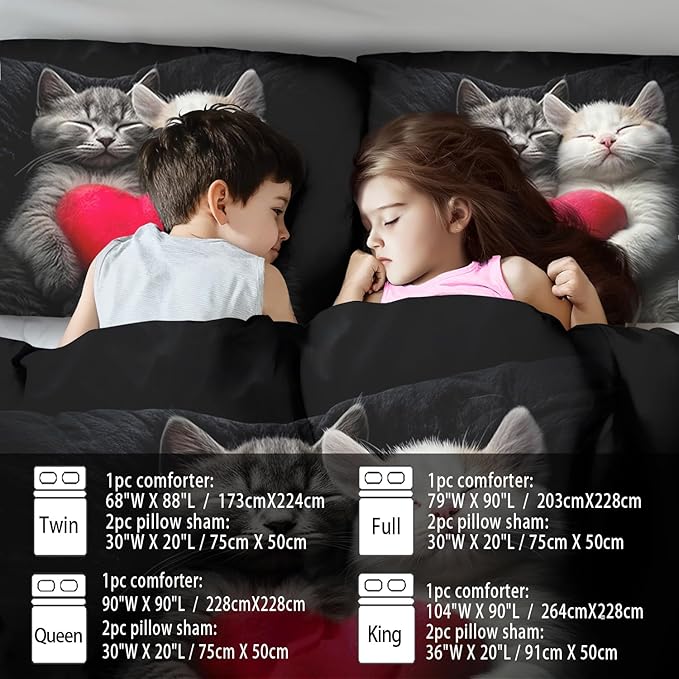 Cute Cat Comforter Set Twin,Kawaii Cat Bedding Set for Girls,Cute Animal Comforter Red Love Heart Bedding Decor,Kawaii Farm Animal Quilt Patterns Kids and Adults