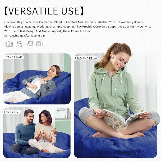 Bean Bag Chair for Adults 8FT,Soft Removable Cover for Teens/Girls Bedroom,Fluffy Giant Round Floor Beanbag Lounger Chairs (No Filler,Sapphire)