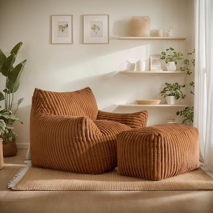 Giant Bean Bag Chairs for Adults, Oversized Chaise Lounge Chair Indoor with Memory Foam - Plush Boneless Lounger & Ottoman for Bedroom, Living Room, Gaming & Reading, Lazy Floor Sofa Chair, Orange