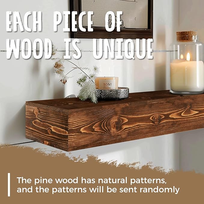 48x8x5 Fireplace Mantel - Handcrafted Hollow Rustic Solid Wood Wall Mounted Floating Shelf with Invisible Heavy Duty Wood Bracket (Weathered Brown)