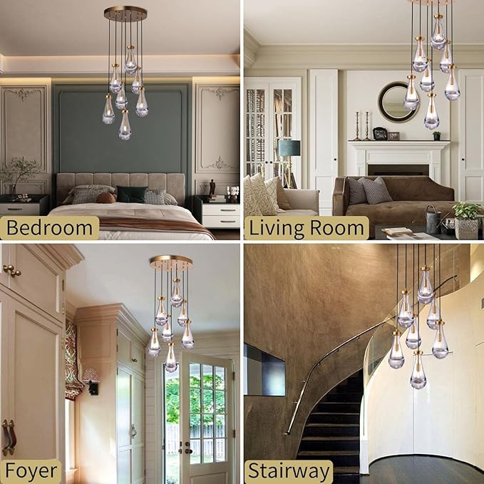 7 Light Raindrop Chandeliers, Brass Teardrop Cluster Pendant Lights Kitchen Island, Gold Dining Room Chandeliers Over Table Hanging Pendant Lighting for High Ceiling, Entryway Staircase