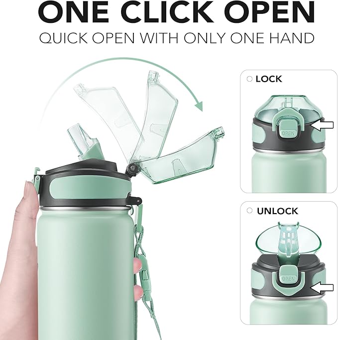 Enerbone 24 oz Insulated Water Bottle, Stainless Steel Bottle with Carrying Strap, Double-Wall Vacuum Insulation Design, Leakproof Sports Bottle with Straw, Keep Drinks Cold or Hot for Hours