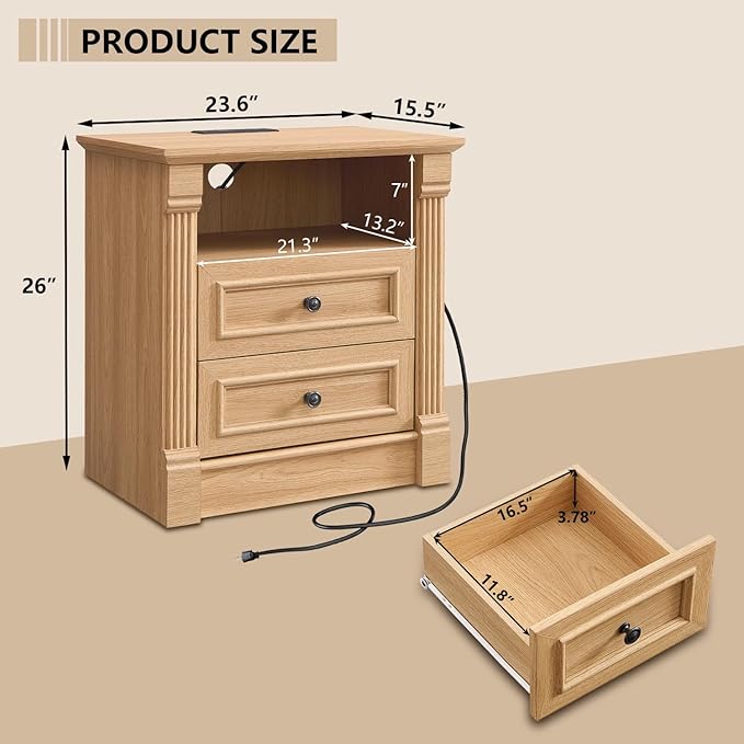 26" Tall Farmhouse Nightstand Set of 2, 2 Drawers End Table w/Charging Station, 23.6" Wide Large Side Tables w/Roman Column, Wood Rustic Sofa Tables w/Open Shelf, Bedside Table for Bedroom, Natrual