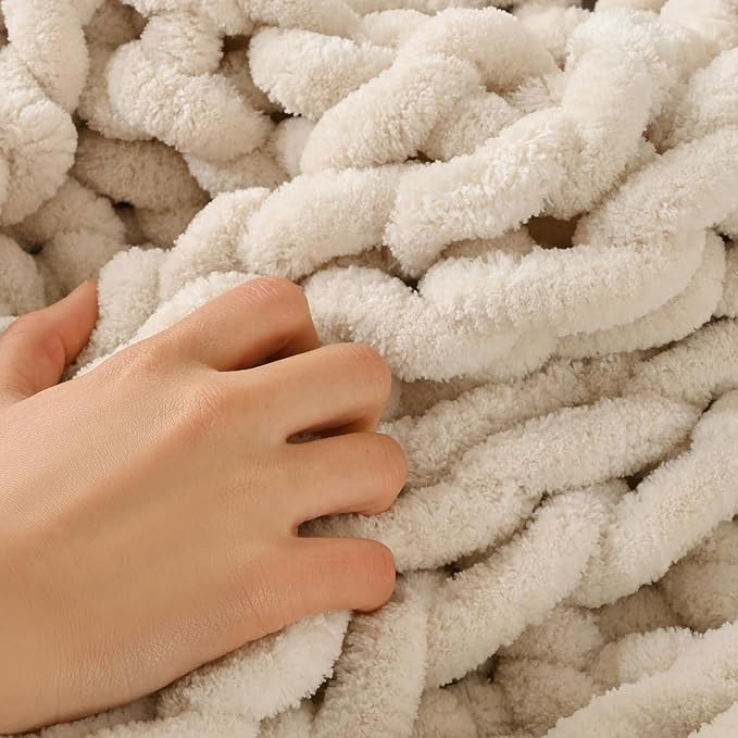 Esterra Chunky Knit Blanket Throw, 100% Handmade Chenille Throw Blanket 40"x50", Soft Thick Yarn Cable Knit Crochet Throw Blanket Rope Knot Throw for Couch Bed Sofa, Apricot White