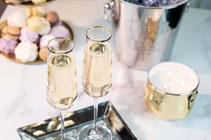 Gold Rim Champagne Gift Glasses | Set of 2 | Crystal Square Toasting Flutes for Bride and Groom, Wedding, Anniversary, Birthday | Elegant Long Stemmed Glassware for Sparkling Wine, Prosecco