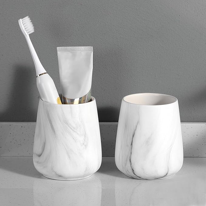 2Pcs Toothbrush Holder for Bathroom - Marble White Ceramic Tooth Brushing Holders Set, Toothbrush Cup & Toothpaste Organizer for Bathroom Countertop, Makeup Brush Holder, Pen Holder for Home Storage
