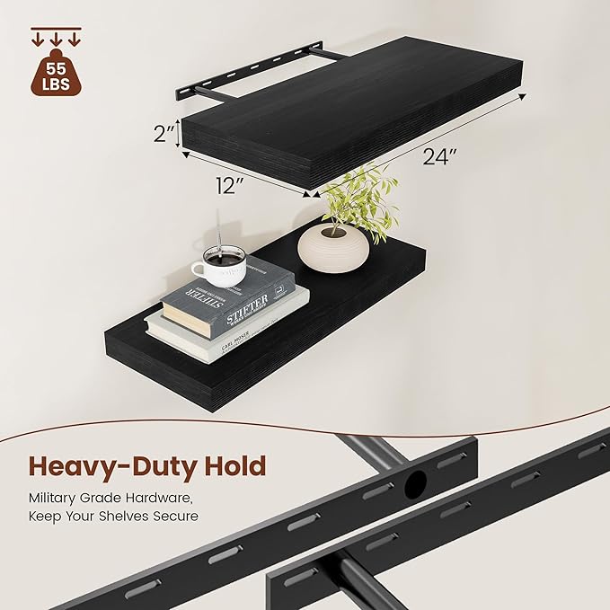 Black Floating Shelves for Wall 24 Inches Long, 12" Deep Wall Shelves 2" Thick, Heavy Duty Shelf for Bedroom, Bathroom, Living Room, Kitchen, Office, Home Decor, Modern Shelf Set of 2, 24" X 12" X 2"