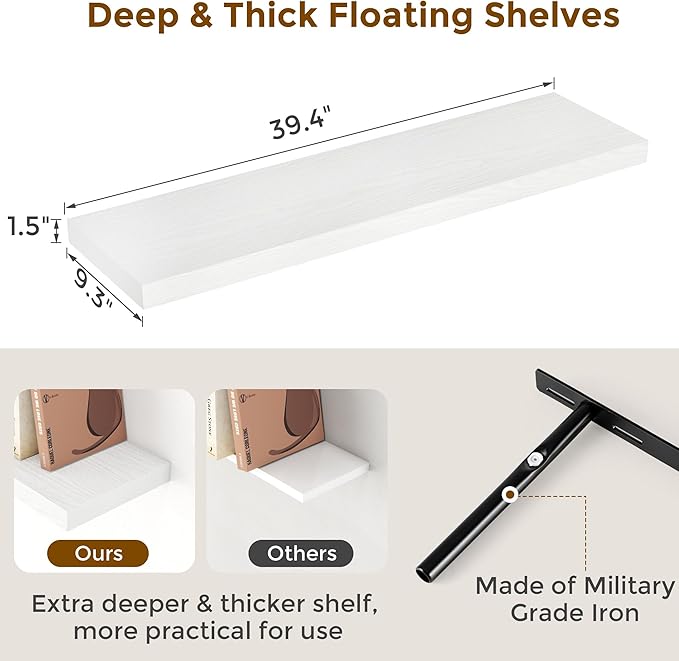 40 Inch Floating Shelves White, 40" W x 9" D Floating Shelf Set of 2, Farmhouse Wood Wall Shelves for Bedroom, Kitchen, Wall Mounted Deep Shelving for Home Decor