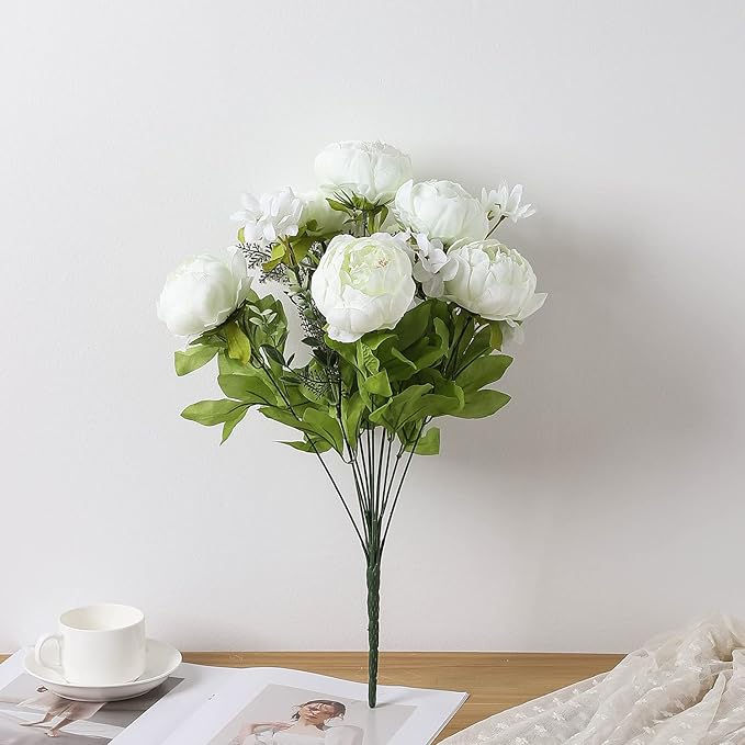 Duovlo Springs Flowers Artificial Silk Peony Bouquets Wedding Home Decoration,Pack of 1 (Spring White)