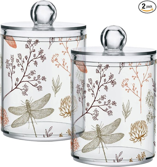 2 Pack Qtip Holder Organizer Dispenser Dragonfly Pattern Bathroom Storage Canister Cotton Ball Holder Container for Cotton Swabs/Pads/Floss