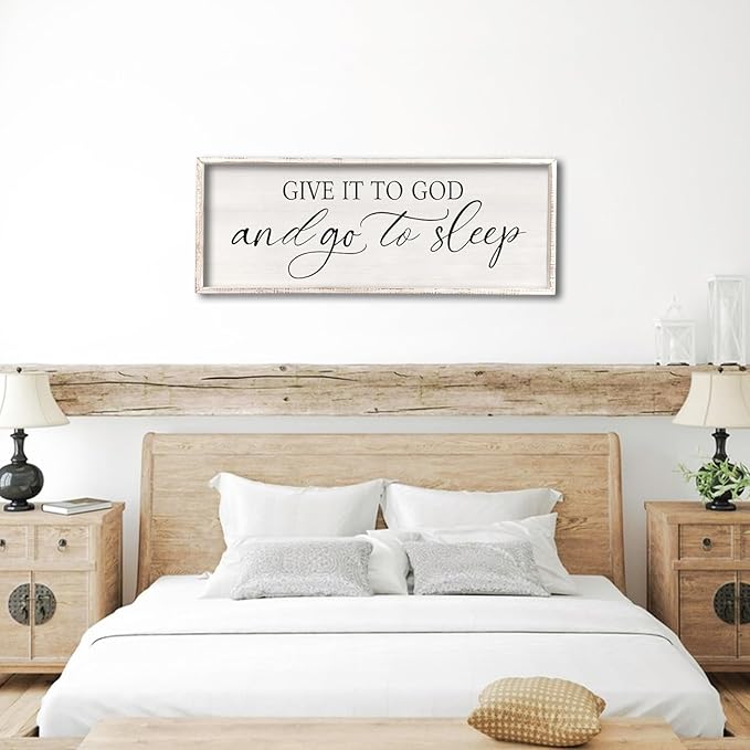comurdyo Give It To God And Go to Sleep Sign 40''×15'' Master Bedroom Above Bed Wall Decor Wood Framed Couple Large Farmhouse Guest Room Rustic Simple Over Bedside Wall Art Hanging Decor (White)