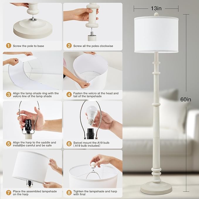 Floor Lamps for Living Room - 60" Resin Farmhouse Floor Lamp with 3 Color Temperatures - Vintage Standing Lamp Reading Light with Linen Shade Retro Tall Lamp for Bedroom Office, Almond White