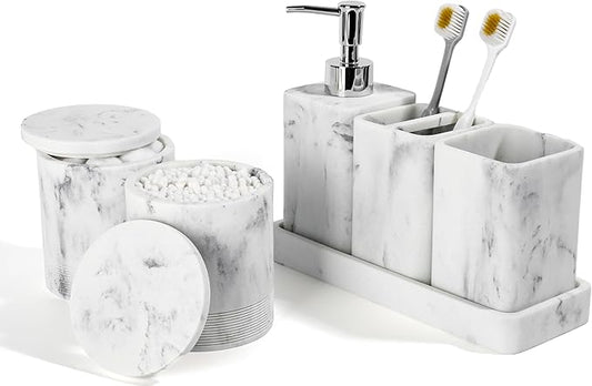 Bathroom Accessories Set, 6 Piece Bathroom Set with Toothbrush Holders, Soap Dispenser, Vanity Tray, Tumbler, Cotton Swab Jars, Bathroom Organizer，Bathroom Sink Sets, Artificial Marble White