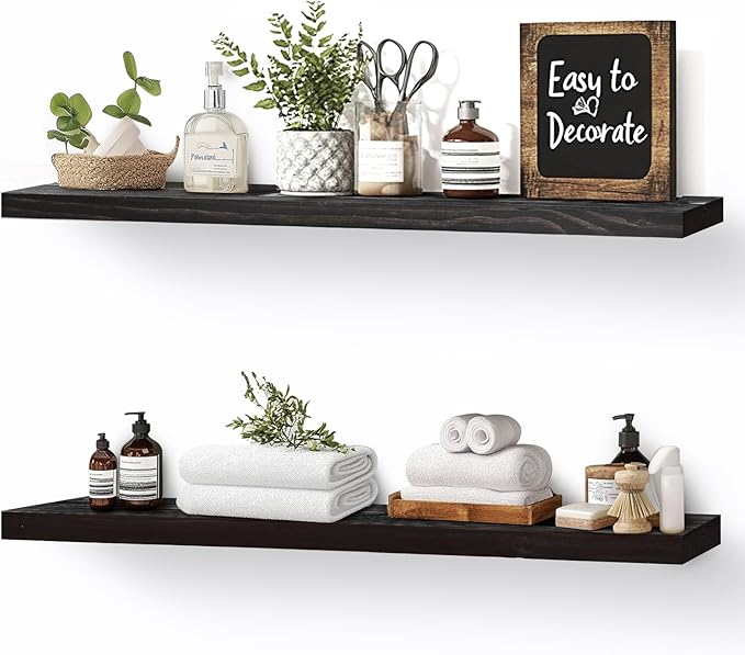 Floating Wall Shelves 2-Pack - 24-Inch Rustic Black Wooden Shelves for Storage and Décor, Easy Installation for Living Room, Bedroom, and Kitchen