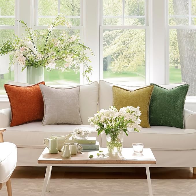 decorUhome Chenille Soft Throw Pillow Covers 16x16 Set of 2, Farmhouse Velvet Neutral Decorative Euro Pillow Covers with Stitched Edge for Couch Sofa Bed Home Decor, Mineral Yellow