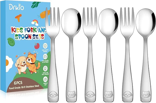 DRKIO Stainless Steel Toddler Utensils Set - 6 Pieces Kids Silverware Set Children Safe Food Grade Small Forks and Spoons Dishwasher Safe Mirror Polished
