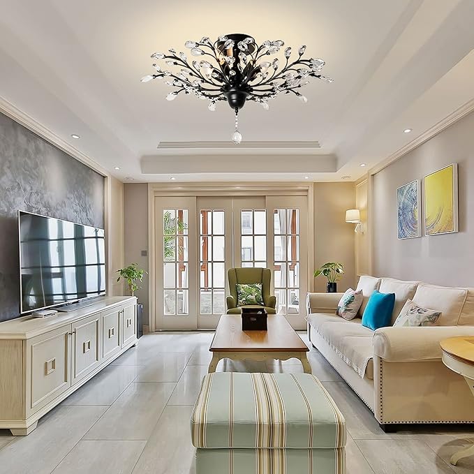 Ganeed Crystal Ceiling Light,Vintage Chandelier, Modern Elegant K9 Crystal Glass Chandelier Flush Mount Ceiling Lighting Fixture for Living Room Bedroom Restaurant Porch- Matte Black - 5 Lights