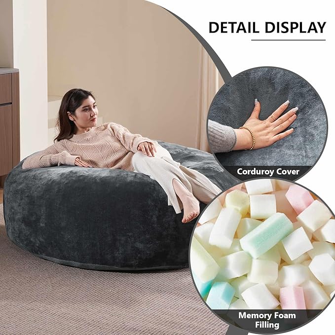 4FT Large Bean Bag Chairs,Big Adult Size Memory Foam Beanbags with Filler Included,Machine Washable Corduroy Cover,Soft Plush Gaming Bing Bag Puff Chair for Dorm, Living Room & Bedroom (Dark Gray)