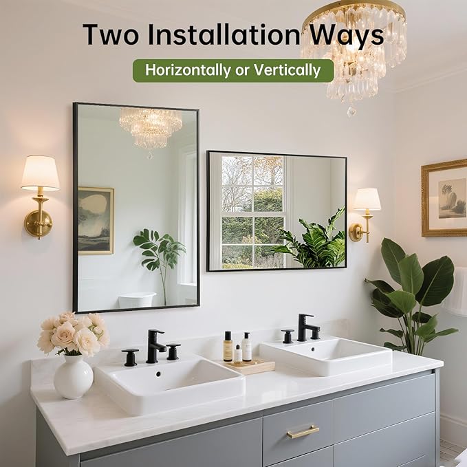 FARMER 24x32 Inch Black Bathroom Mirror, Rectangle Wall Mounted Mirror, Vanity Mirror, Brushed Square Mirror, Framed Bathroom Mirror for Bedrooms, Entryways, Living Rooms, Horizontal/Vertical