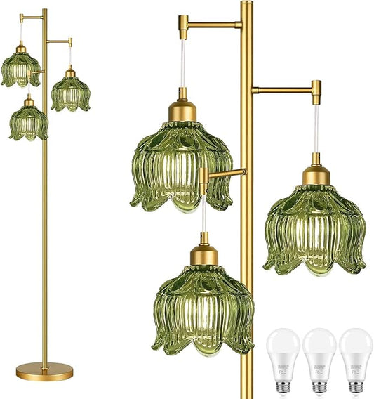 Gold Floor Lamp for Living Room,Bedroom,Mid Century Modern Standing Lamp Brass Tree 3 Light Tall Floor Lamps Vintage Retro Floor Lights Glass Green Flower Lamp Shade Farmhouse Boho Bohemian