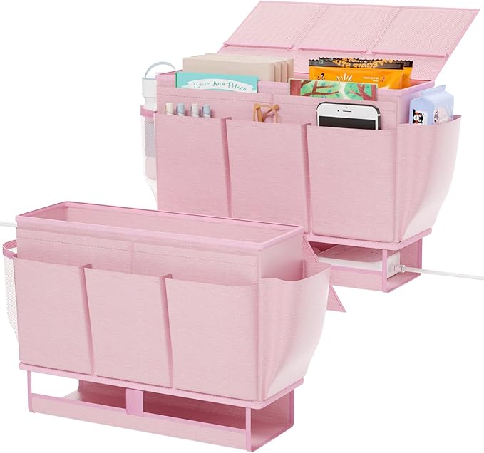 Bedside Caddy, Bed Organizer with 11 Pockets and Power Strip Holder, Versatile Bedside Storage Caddy for Home,Dorm,Bunk,Hospital,Crib Bed (2 Pack Pink)