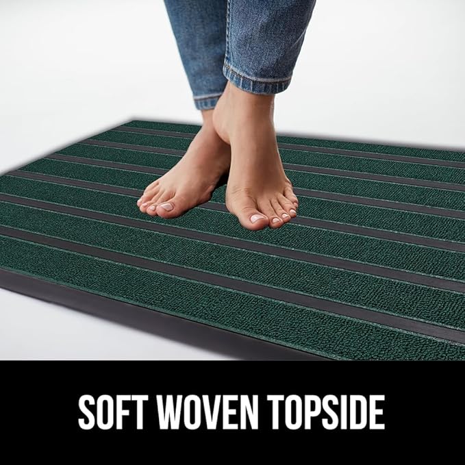 GORILLA GRIP 100% Waterproof All-Season WeatherMax Doormat US Designed Natural Rubber, Stain and Fade Resistant, Low Profile Indoor Outdoor Door Mats, Easy Clean Patio Mat, 23x35, Green Stripe