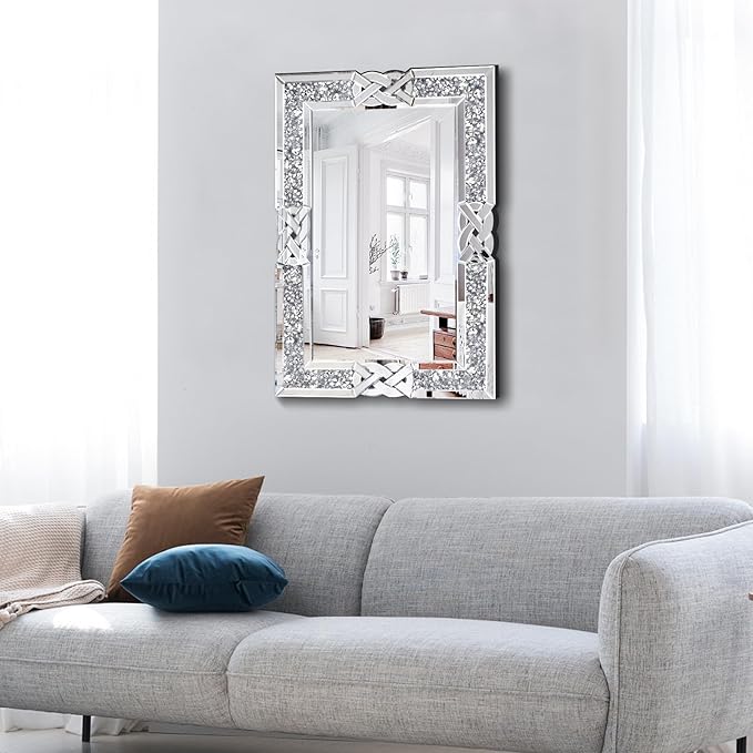 Crushed Diamond Decorative Wall Mirrors, 24x36 Inch Rectangle Living Room Mirrors for Wall Decor, Modern Glam Bathroom Dining Room Entryway Mirror Silver