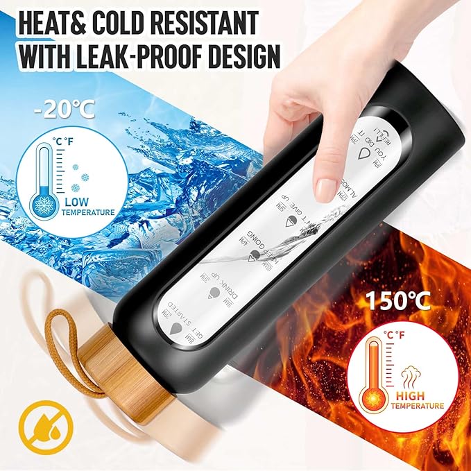 Aqulea Glass Water Bottles 32 Oz with Silicone Sleeve - BPA Free Reusable Wide Mouth Glass Motivational Water Bottles with Fruit Infuser – Leak Proof Borosilicate Water Bottle with Time Marker (Black)