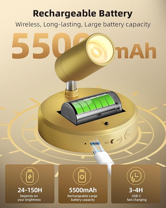 EZVALO LED Spotlight Indoor, 5500mAh Rechargeable Battery Uplighting Indoor, Wireless Mini Art Accent Spot Lights with Remote, for Plants Display Painting Dartboard Artwork Portrait Closet(4Pack-Gold)