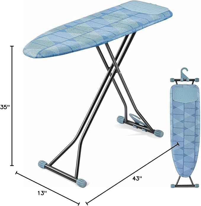 APEXCHASER Ironing Board with Iron Rest, Compact and Space Saver Iron Board, Extra Thick Cover, Height Adjustable, Wall Mount & Closet Hanger 13x43 Blue